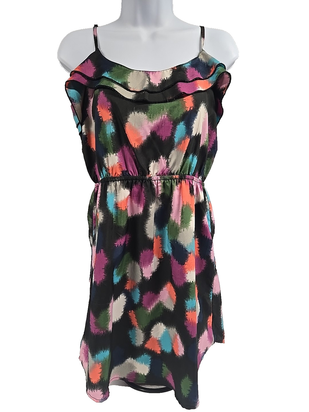 Roxy Womens Dress Sleeveless Short Ruffle Black Watercolor Elastic Waist Size M